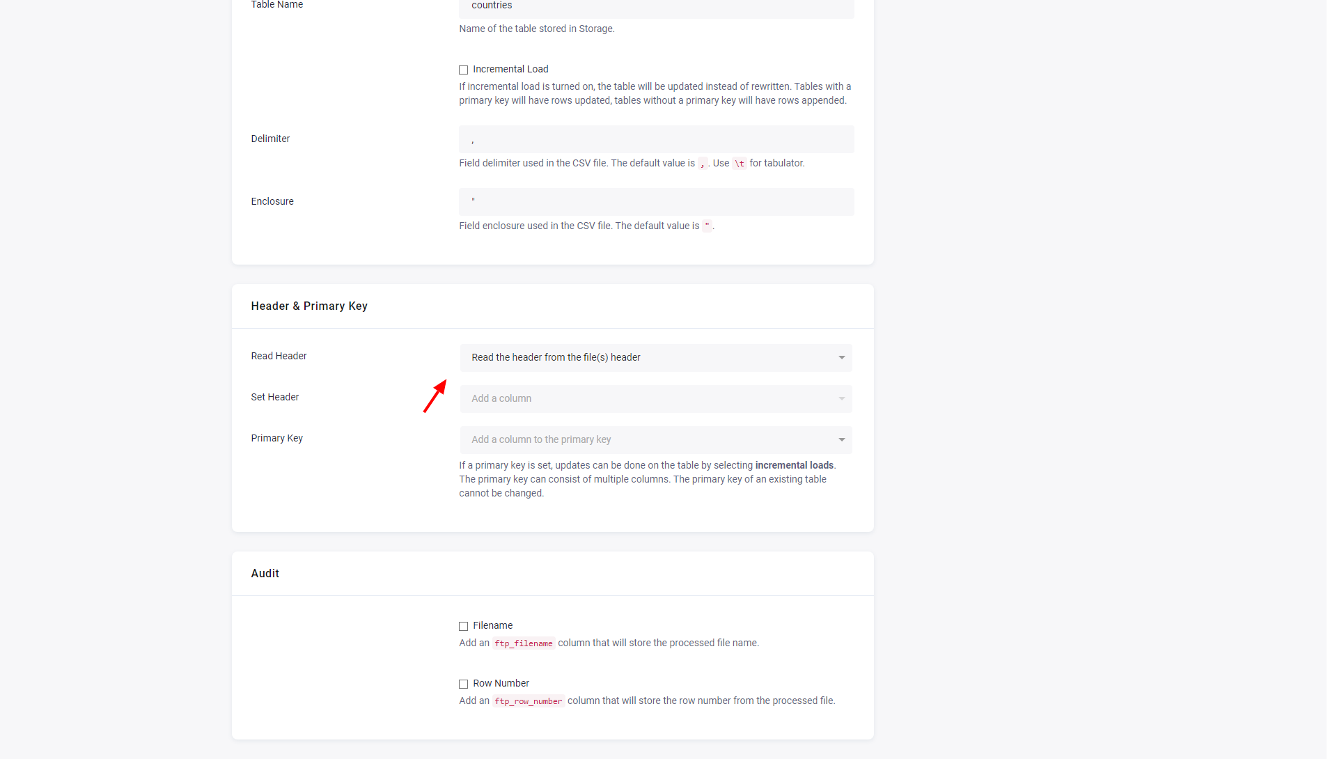 Screenshot - FTP extractor header & primary key